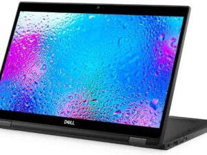 Dell Latitude 7390 2-in-1 laptop, shown in tent mode, highlighting its convertible design.