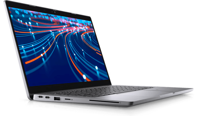 la5320t_ctb_00055rf110_gy_5000x5000_gettyimages-1254825733-min Dell Latitude 5320 2-in-1 laptop, shown in tent mode, highlighting its convertible design.